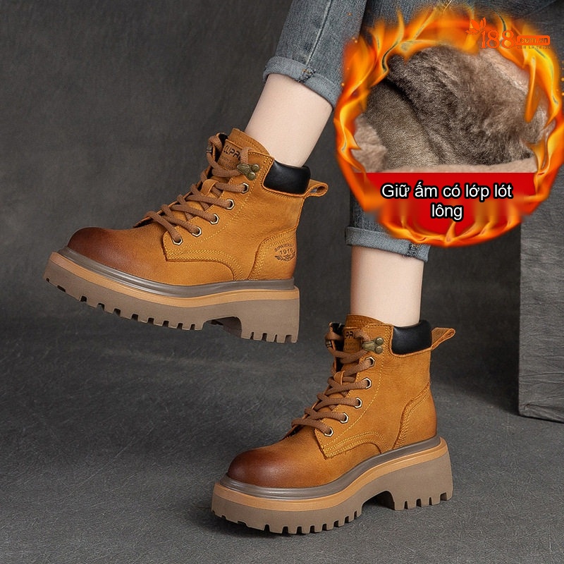 Giày Martin Nam Cổ Cao Lót Lông Giữ Ấm Phong Cách Biker Chiều Cao Đế Khoảng 5cm Màu Nâu, Đỏ, Xám...