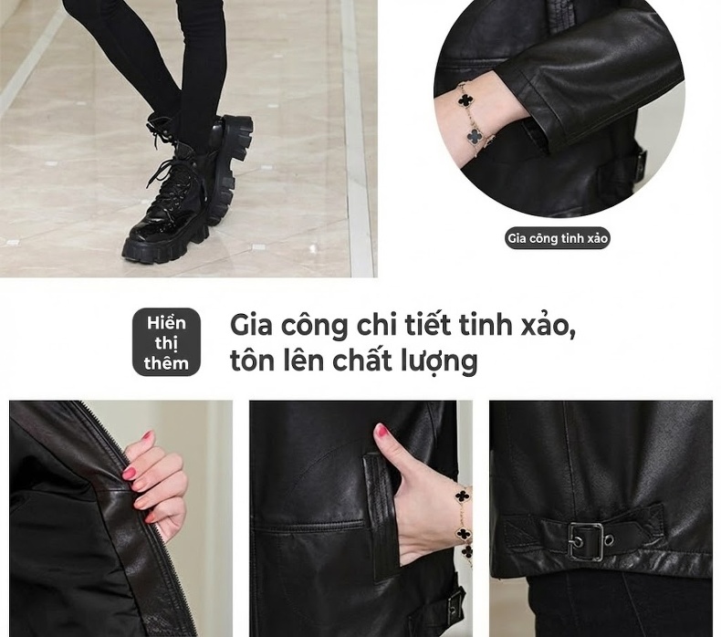Áo Khoác Da Cừu Nữ Dáng Ngắn Thiết Kế Thanh Lịch Màu Đen chi tiết 3