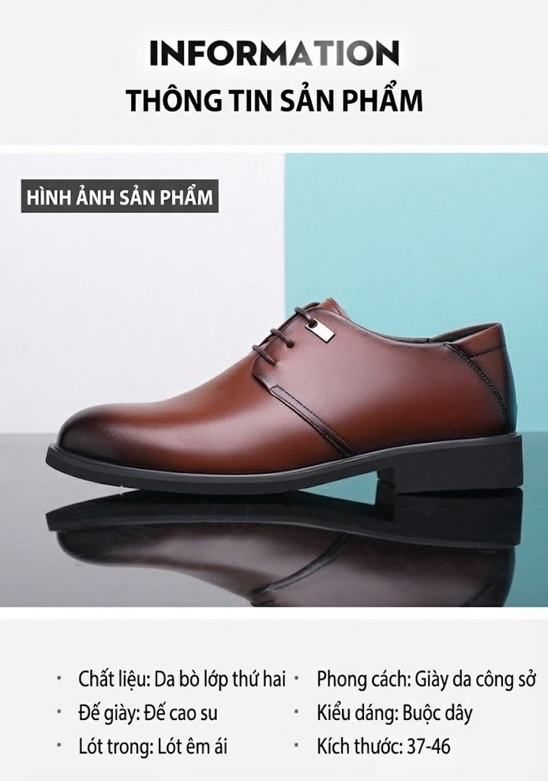 Giày Tây Buộc Dây Nam Da Bóng Tăng Chiều Cao Đế Khoảng 3cm Lót Lông Màu Đen, Nâu chi tiết 6