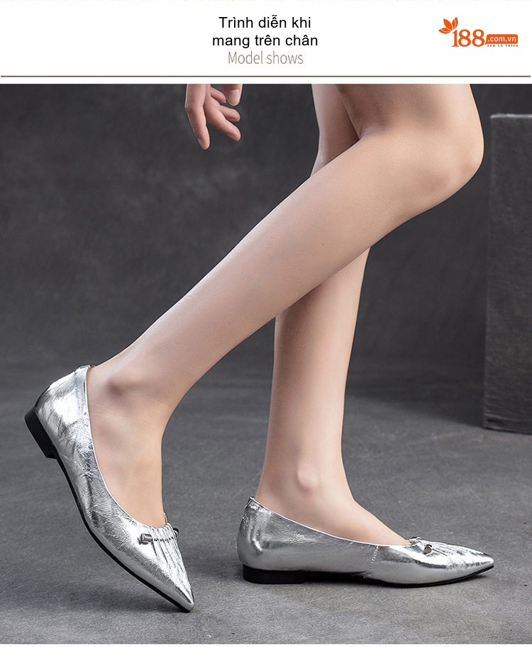 Giày Búp Bê Nữ Da Bò Mũi Nhọn Chiều Cao Đế Khoảng 1cm Phong Cách Hàn Quốc Màu Trắng, Bạc chi tiết 8