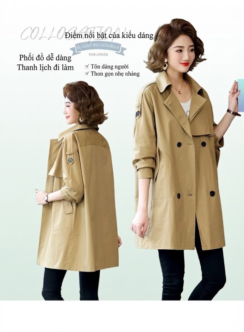 Áo Khoác Mangto Nữ Dáng Dài Hai Hàng Khuy Phong Cách Casual Màu Nâu kaki, Xanh dương, Đỏ chi tiết 6
