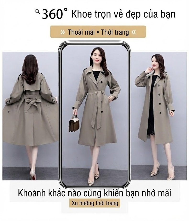 Áo Khoác Gió Nữ Dáng Dài Thanh Lịch Màu Đỏ, Be chi tiết 9