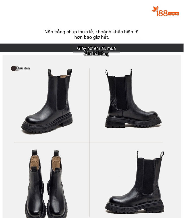 Boot Nữ Cổ Lửng Da Bò Đế Dày Phong Cách Retro Chiều Cao Đế Khoảng 5cm Màu Đen, Nâu chi tiết 13