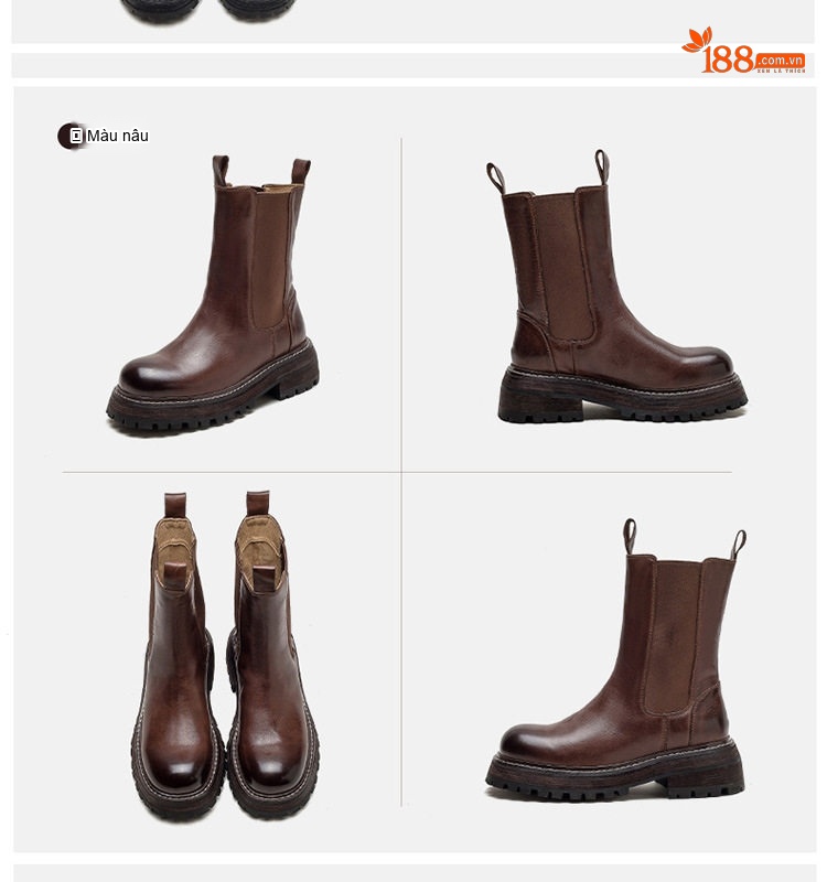Boot Nữ Cổ Lửng Da Bò Đế Dày Phong Cách Retro Chiều Cao Đế Khoảng 5cm Màu Đen, Nâu chi tiết 14