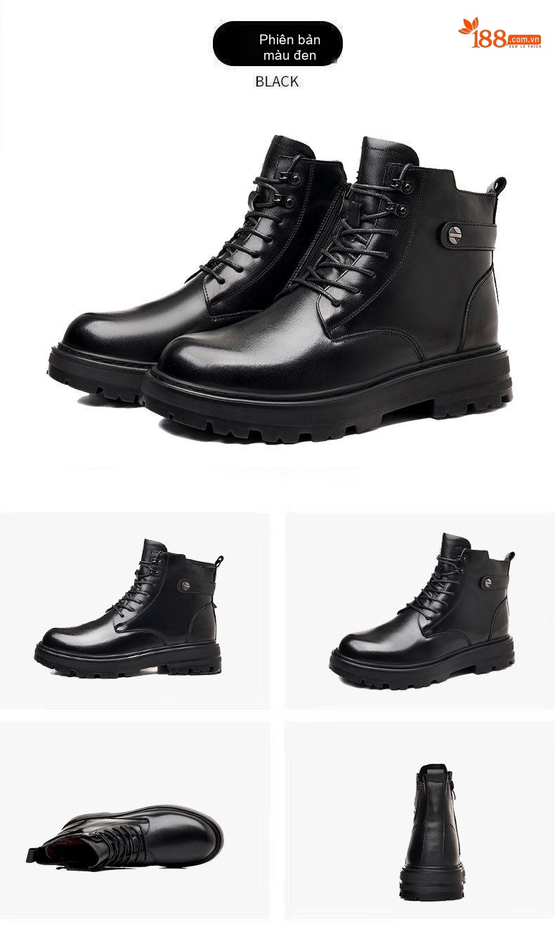 Boot Martin Nam Da Bò Lót Lông Cừu Chiều Cao Đế Khoảng 4cm Màu Đen chi tiết 17