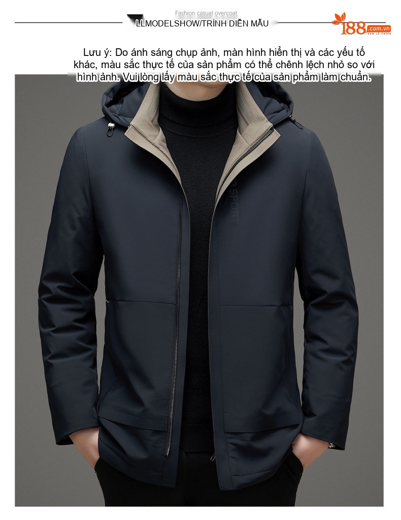 Áo Khoác Phao Nam Milk Silk 90% Lông Ngỗng Xám Mỏng Nhẹ Có Mũ Màu Xanh Navy chi tiết 18
