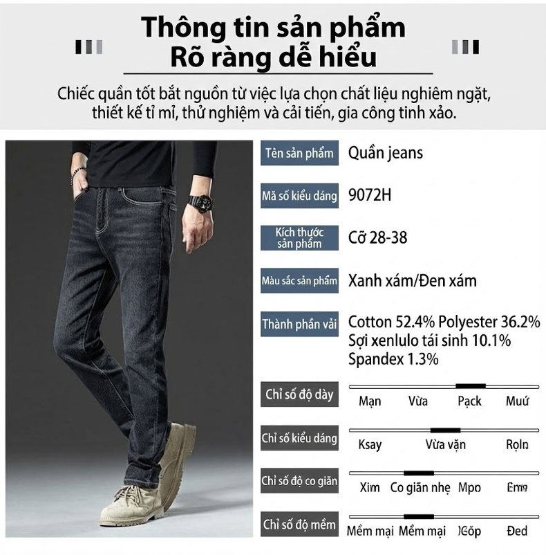 Quần Jean Nam Cotton Co Giãn Thoải Mái Dáng Ôm Vừa Vặn Màu Xanh Xám, Đen Xám chi tiết 15