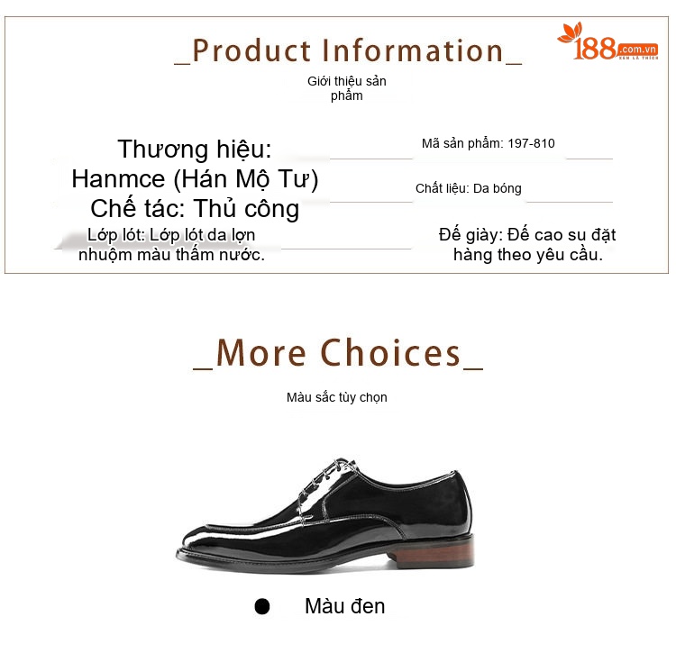 Giày Tây Buộc Dây Nam Da Bóng Chiều Cao Đế Khoảng 3cm Màu Đen chi tiết 4
