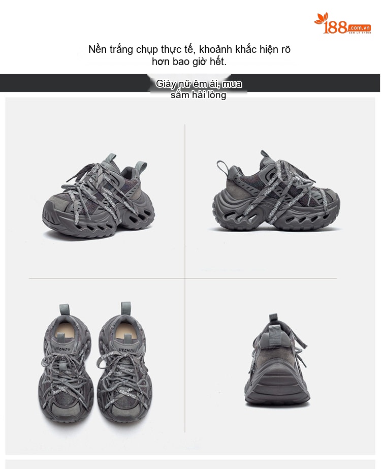 Giày Sneaker Nữ Đế Xuồng Dây Buộc Phong Cách Retro Chiều Cao Đế Khoảng 5cm Màu Đen, Xám, Nâu chi tiết 20