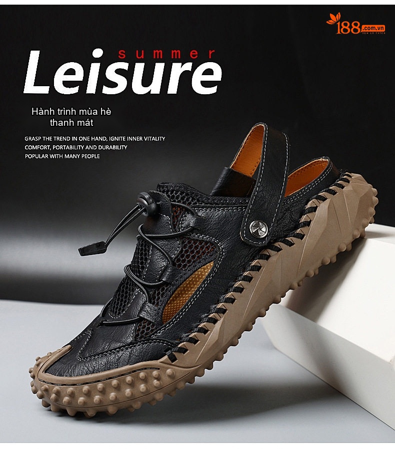 Sandal Nam Bít Mũi Da Mềm Lưới Thoáng Khí Đế Mềm Cao 3cm chi tiết 2