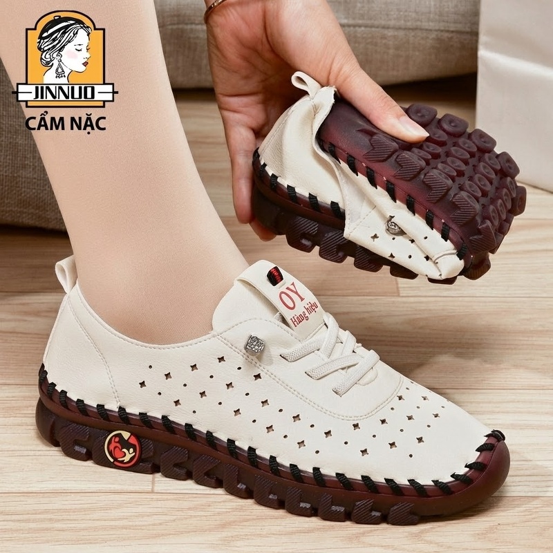 Giày Lười Mùa Hè Nữ Da Mềm Đục Lỗ Thoáng Khí Chiều Cao Đế Khoảng 3cm Màu Trắng, Đỏ, Đen, Nâu