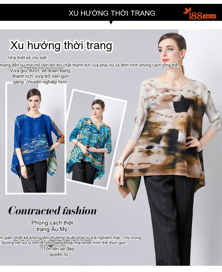Áo Kiểu Nữ Dáng Rộng Tay Lỡ Cổ Tròn Họa Tiết In Dập Ly Cao Cấp Màu Nâu, Đen, Trắng, Vàng... chi tiết 4