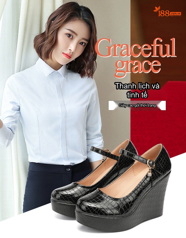 Giày Cao Gót Đế Xuồng Quai Ngang Da Bóng Chiều Cao Đế Khoảng 8cm Màu Đen, Trắng chi tiết 1