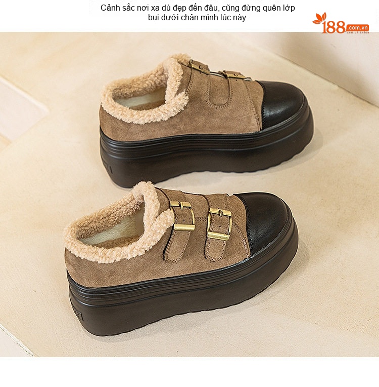 Giày Búp Bê Nữ Da Mờ Quai Dán Chiều Cao Đế 8cm Lót Lông Màu Đen, Nâu chi tiết 23