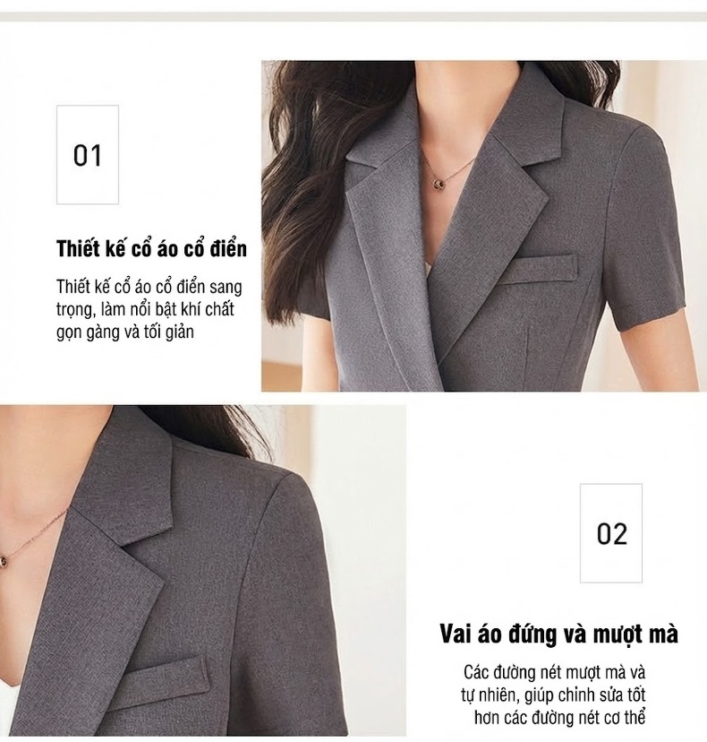 Áo Vest Nữ Tay Ngắn Mỏng Mát Phong Cách Công Sở Màu Kem, Đen, Xám, Xanh Navy... chi tiết 8
