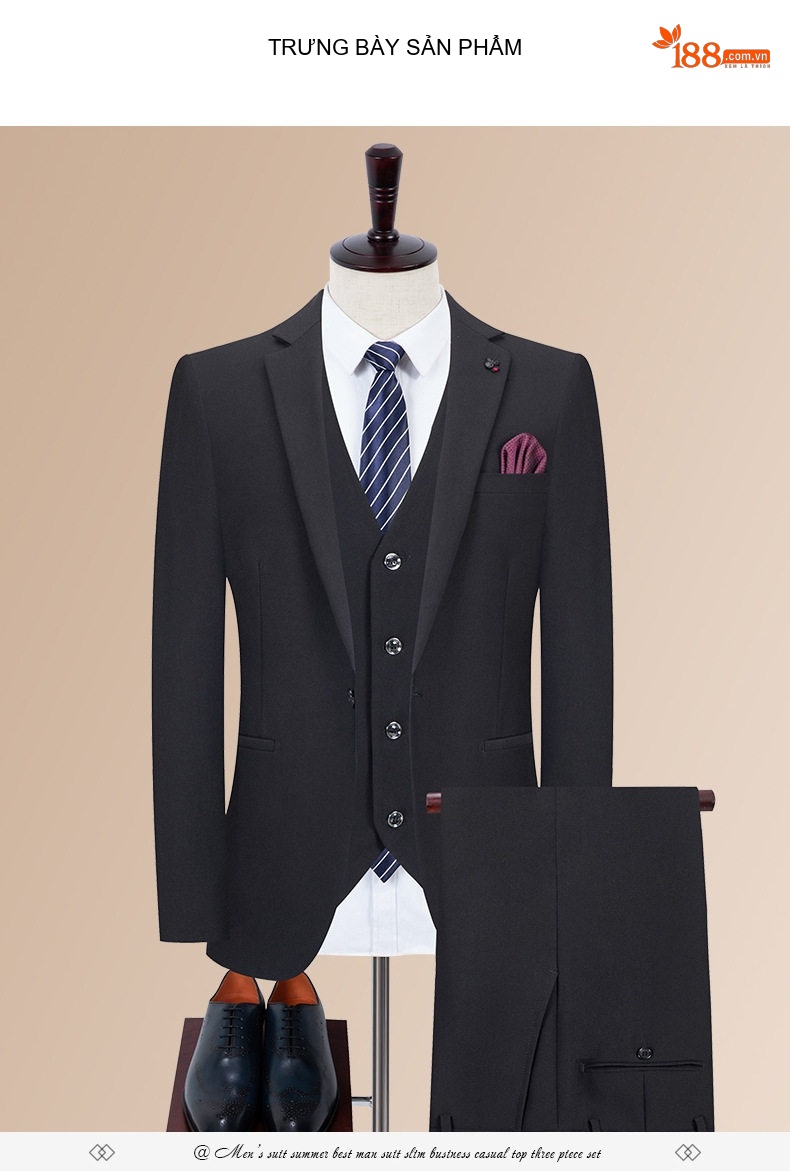 Bộ Vest Nam Trơn Màu Cưới Hỏi Chú Rể Dáng Ôm Phong Cách Hàn Quốc Bộ Ba Món Màu Đen chi tiết 13
