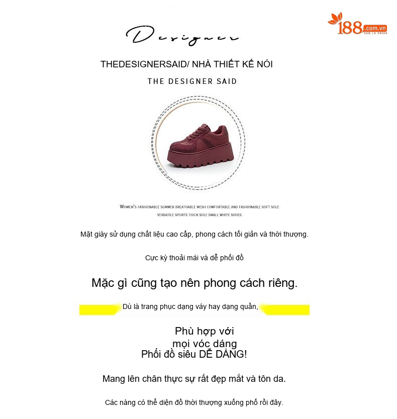 Giày Thể Thao Nữ Đế Dày Chiều Cao Đế Khoảng 5cm Da Mờ Đính Đá Màu Đỏ, Nâu, Đen chi tiết 6
