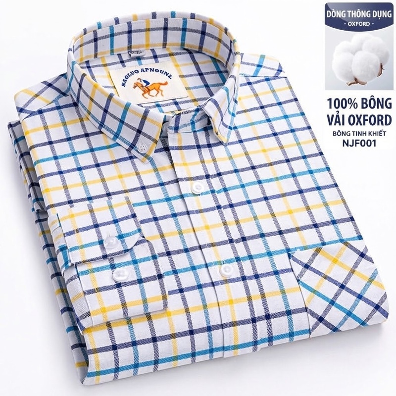 Áo Sơ Mi Nam Tay Dài Oxford Cotton Thoáng Khí Họa Tiết Kẻ Sọc Lớn Màu Xanh Dương, Đen, Trắng, Xám...