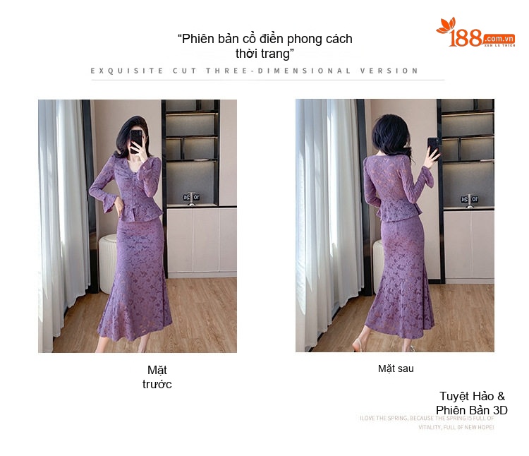 Set Bộ Áo Tay Loe Cổ chữ V Chân Váy Đuôi Cá Ren Nữ Tính Màu Đen, Tím chi tiết 5