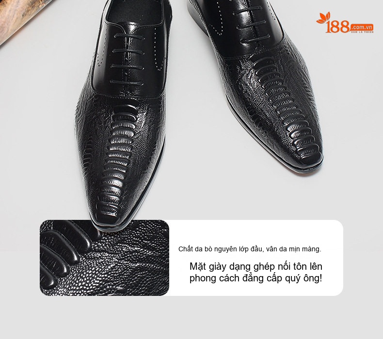 Giày Tây Buộc Dây Nam Da Bò Vân Cá Sấu Chiều Cao Đế Khoảng 3cm Màu Đen, Nâu chi tiết 7