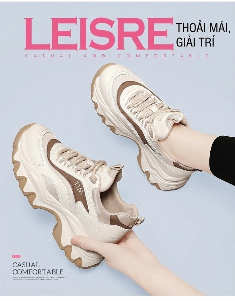 Giày Sneaker Nữ Đế Dày Tăng Chiều Cao Phong Cách Thể Thao Chiều Cao Đế Khoảng 5cm Màu Kem, Trắng, Nâu, Đen chi tiết 2
