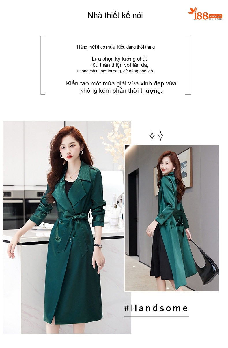 Áo Khoác Gió Nữ Dáng Dài Thu Đông Dáng Ôm Chiết Eo Chất Liệu Satin Màu Đen, Đỏ, Xanh Lá chi tiết 2