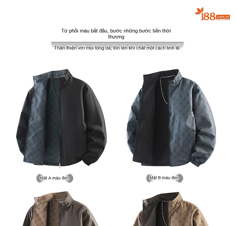 Áo Khoác Bomber Nam Hai Mặt Dáng Đứng Cổ Trụ Phong Cách Trẻ Trung Màu Be, Đen, Nâu chi tiết 2