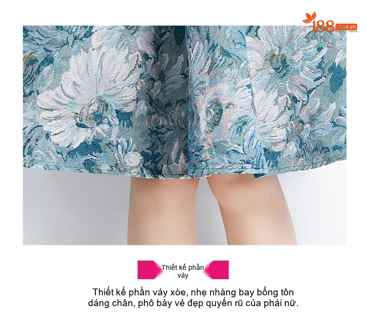 Váy liền thân Nữ Jacquard Phong Cách Cổ Điển Tay Lửng Không Tay Màu Xanh, Trắng chi tiết 10