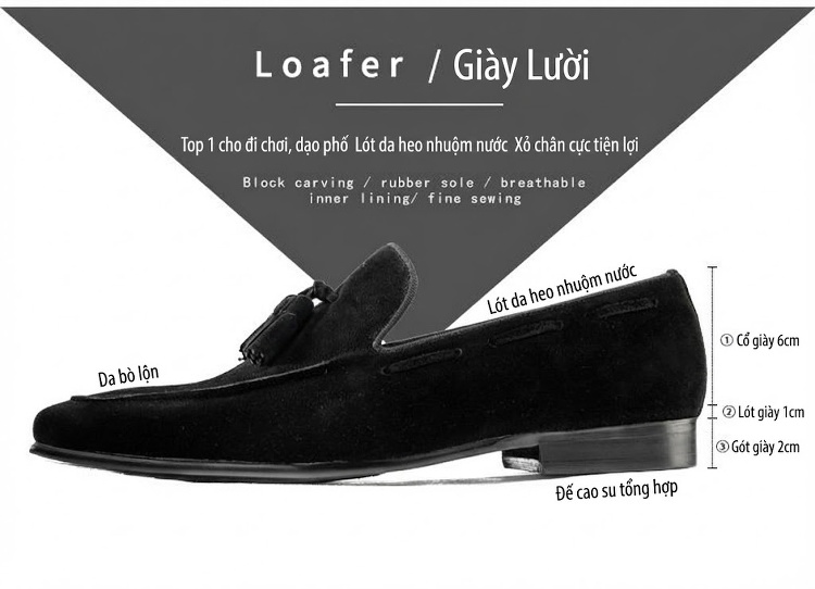 Giày Lười Nam Da Bò Lộn Chiều Cao Đế Khoảng 2cm Màu Đen, Nâu chi tiết 2