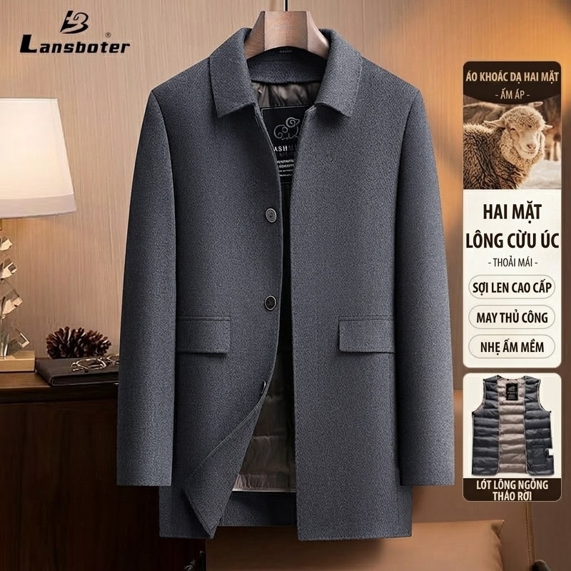 Áo Khoác Dạ Nam Lông Vũ Lót Trong Tháo Rời Phong Cách Business Casual Màu Xám
