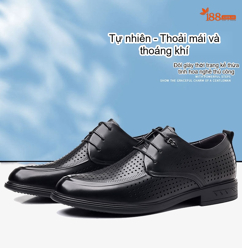 Giày Tây Buộc Dây Nam Da Bò Lớp Đầu Chiều Cao Đế Khoảng 3cm Màu Đen chi tiết 9