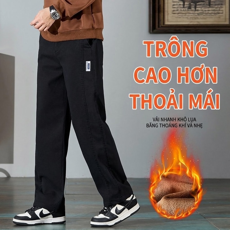 Quần Dài Nam Ống Suông Lót Lông Cừu Giữ Nhiệt Co Giãn Màu Đen, Xám, Nâu, Xanh Navy