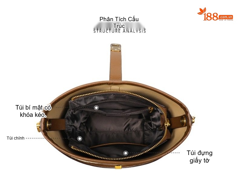 Túi Đeo Chéo Nữ Vải Họa Tiết Bucket Rộng Rãi Đeo Vai Đi Làm Hàng Ngày Màu Nâu chi tiết 8
