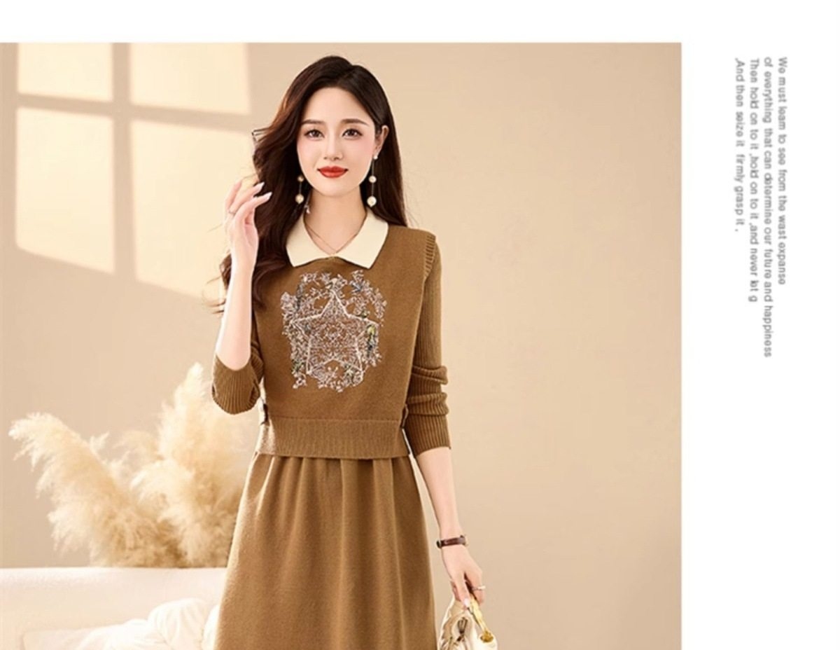 Set Bộ Dệt Kim Áo Và Chân Váy Dáng Dài Thêu Họa Tiết Phong Cách Thời Trang Màu Nâu, Xám chi tiết 23