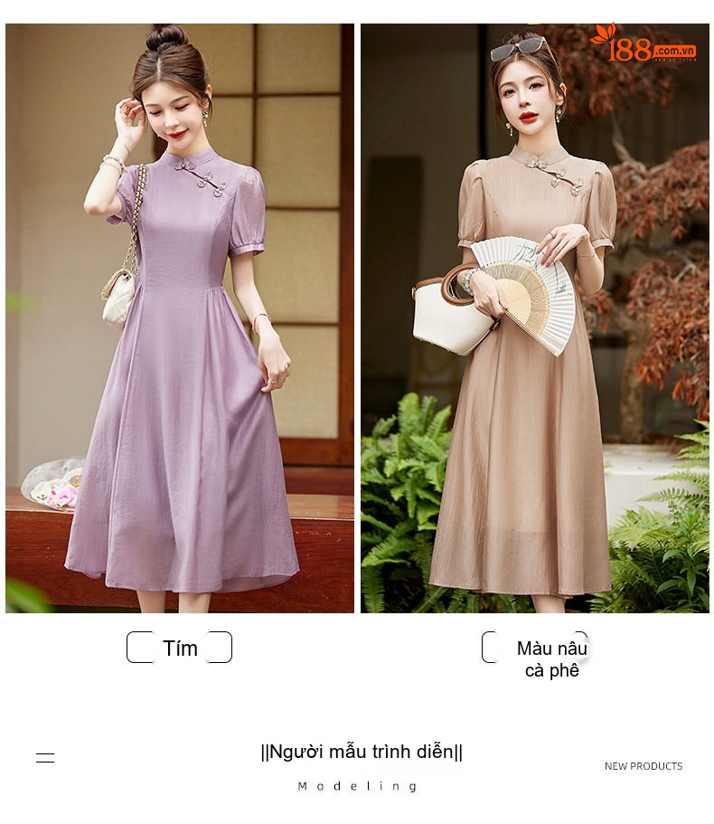 Váy Đầm Trung Hoa Cách Tân, Cổ Điển, Dáng Ôm Màu Tím, Xám, Xanh Lá chi tiết 12