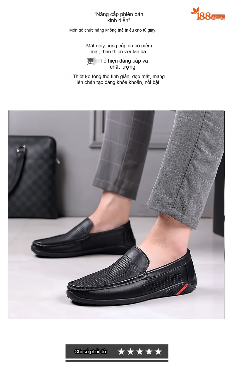 Giày Lười Nam Da Thật Đục Lỗ Thoáng Khí Size Lớn Chiều Cao Đế Khoảng 2cm Màu Đen chi tiết 2