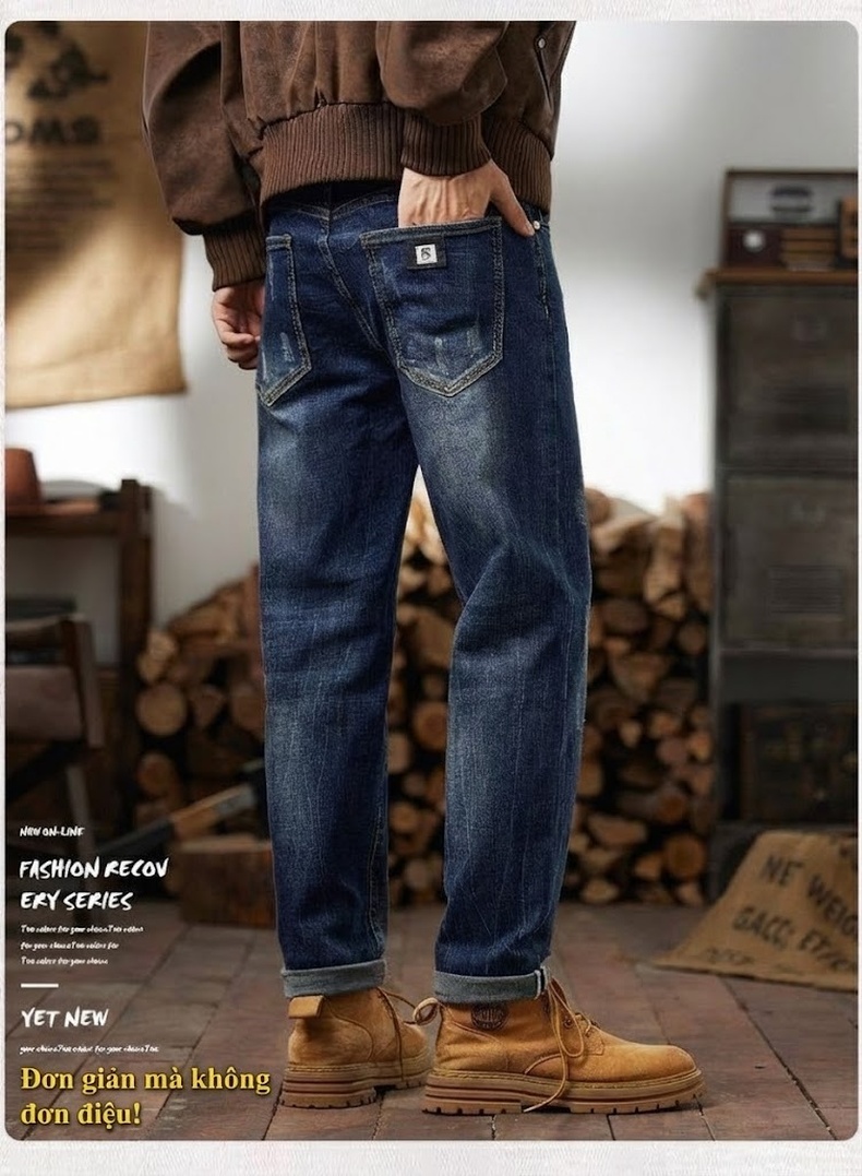 Quần Jean Nam Cotton Dáng Ôm Vừa Vặn Màu Xanh Denim chi tiết 3