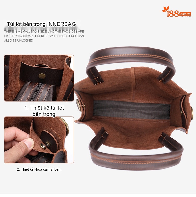 Túi Đeo Vai/Đeo Chéo Nam Da Thật Túi Tote Da Bò Sáp Màu Nâu chi tiết 8