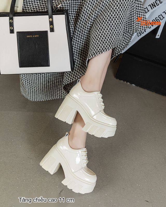 Giày Oxford Nữ Da Bóng Đế Bánh Mì Chiều Cao Đế Khoảng 11cm Màu Đen, Kem chi tiết 7