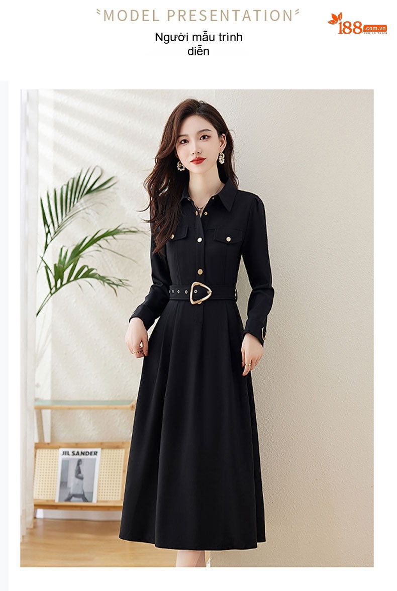 Váy Suông Dáng Dài Nữ Cổ Sơ Mi Phong Cách Hàn Quốc Thanh Lịch Màu Đen, Nâu chi tiết 8