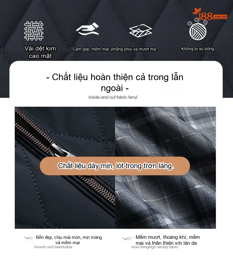 Áo Khoác Bông Nam Có Mũ Trùm Đầu Cotton Lót Lụa Tằm Ngắn Tay Giữ Ấm Màu Đen, Xanh Navy chi tiết 6