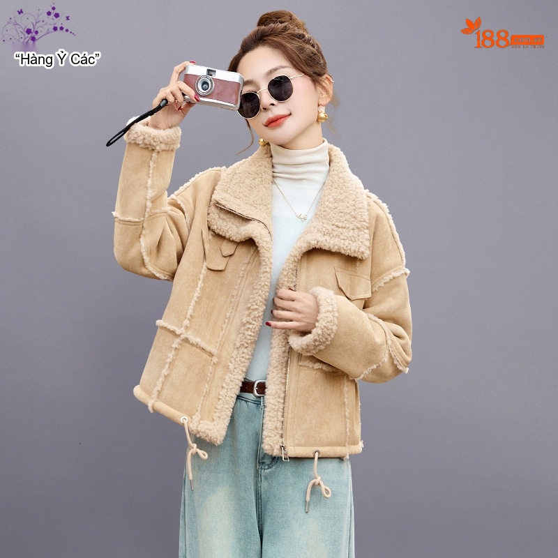 Áo Khoác Lông Cừu Non Nữ Lót Nhung Dày Dặn Kiểu Bomber Da Lộn Màu Be, Nâu