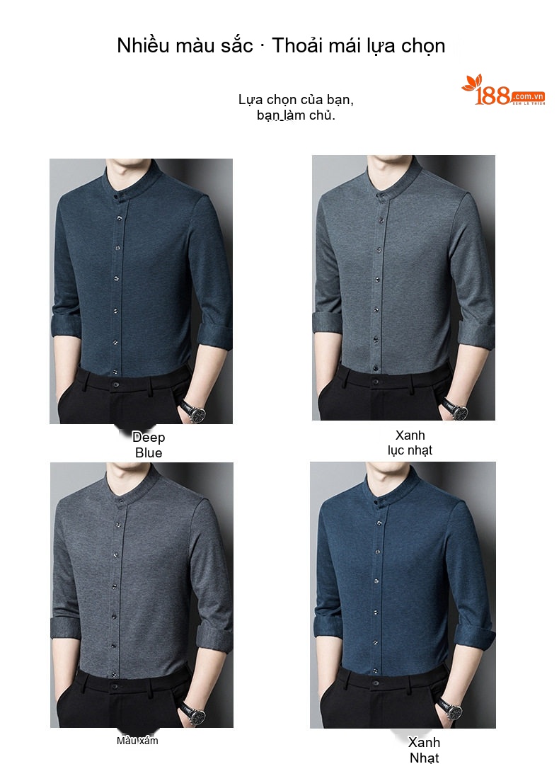 Áo Sơ Mi Nam Dài Tay Dáng Ôm Cổ Tàu Chất Liệu Lông Dê Cashmere Không Nhăn Màu Xám, Xanh chi tiết 8