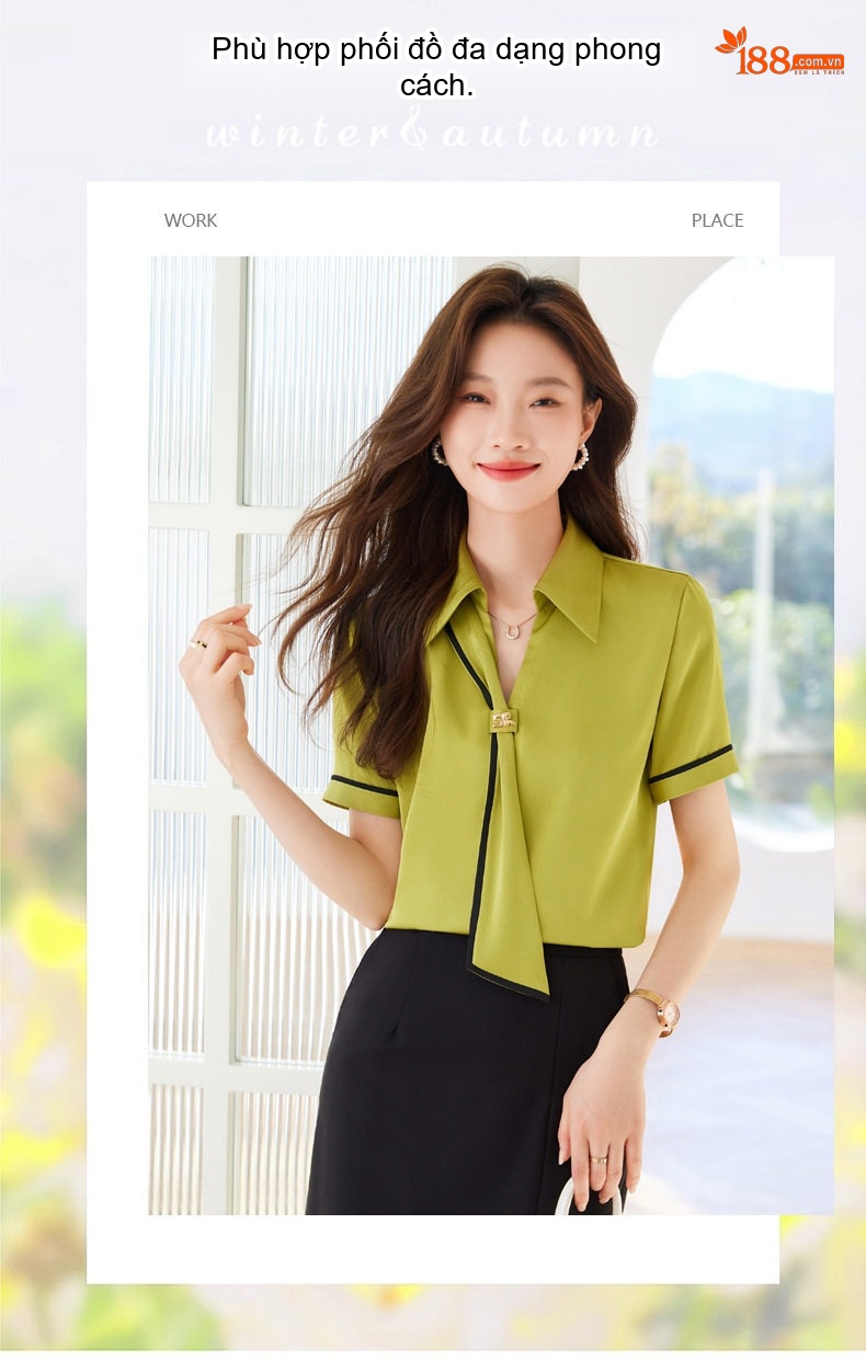 Áo Sơ Mi Nữ Cổ chữ V Tay Ngắn Kiểu Hàn Quốc Phong Cách Công Sở Màu Trắng, Xám Khói, Xanh Ô Liu chi tiết 2
