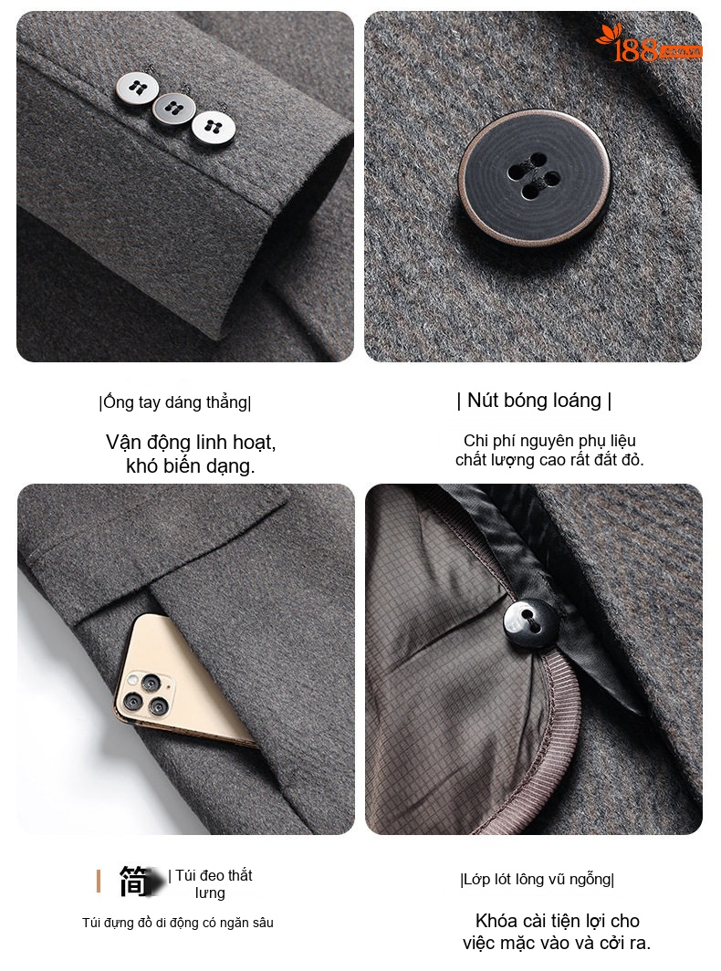 Áo Khoác Dạ Nam Lông Vũ Lót Trong Tháo Rời Phong Cách Business Casual Màu Xám chi tiết 16