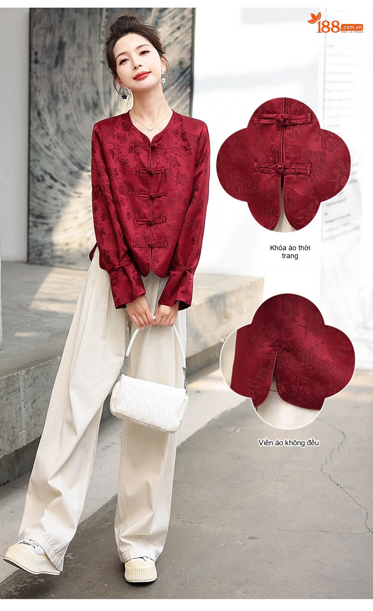 Áo Khoác Lửng Nữ Họa Tiết Jacquard Phong Cách Trung Hoa Cổ Điển Màu Đỏ, Đen chi tiết 8