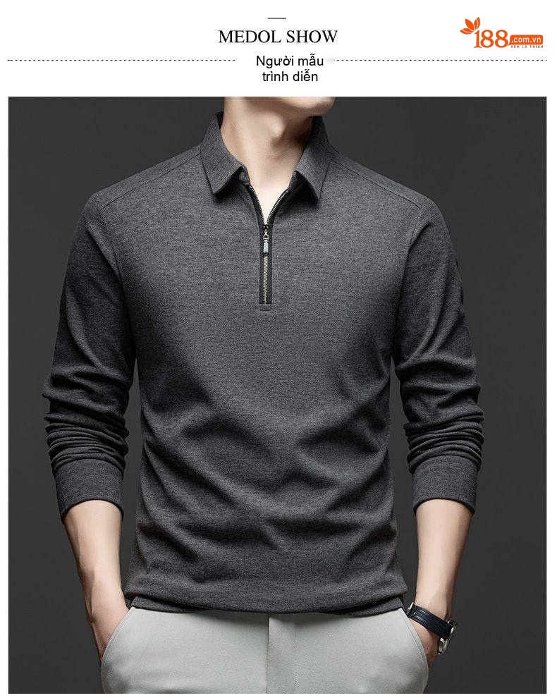 Áo Polo Nam Dài Tay Khóa Kéo Chất Liệu Cotton, Lụa Tằm, Len Lông Cừu Phong Cách Tối Giản Màu Xanh Navy, Nâu, Xám, Đen... chi tiết 11