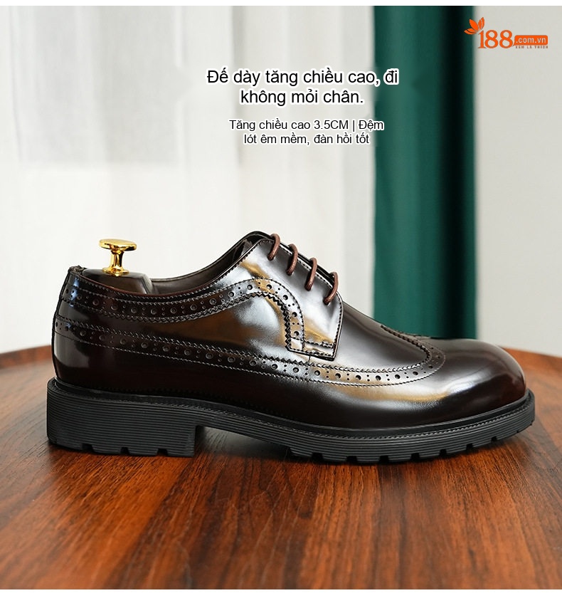 Giày Tây Buộc Dây Nam Da Bóng Đế Dày Chiều Cao Đế Khoảng 3cm Phong Cách Anh Quốc Màu Đen, Nâu chi tiết 2