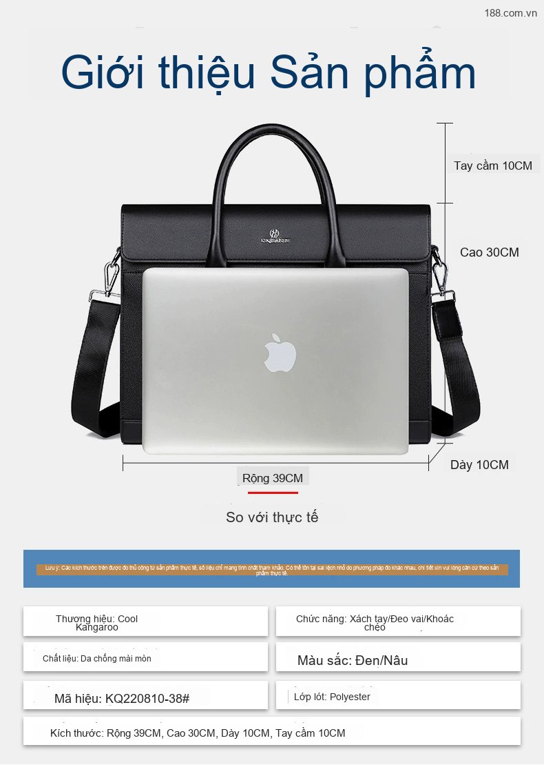 Túi Xách Tay Nam Công Sở Da Mềm Đựng Laptop Cỡ Lớn Màu Đen, Nâu chi tiết 5