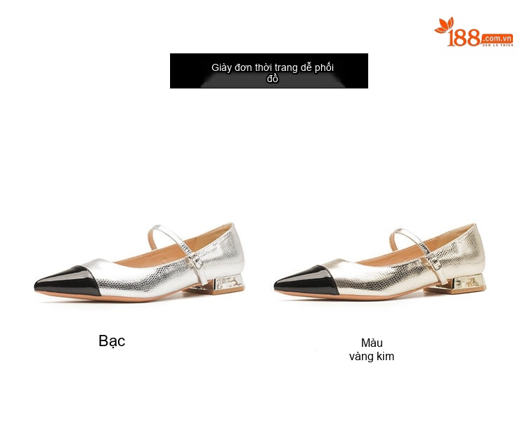 Giày Búp Bê Mary Jane Nữ Da Cừu Mũi Nhọn Chiều Cao Đế Khoảng 3cm Màu Bạc, Đen chi tiết 4